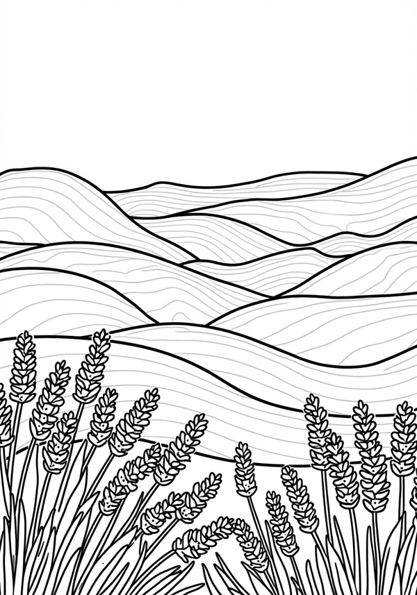 Lavender fields under blue sky coloring page