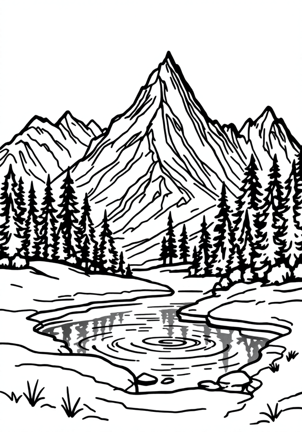 Majestic mountain lake scene coloring page