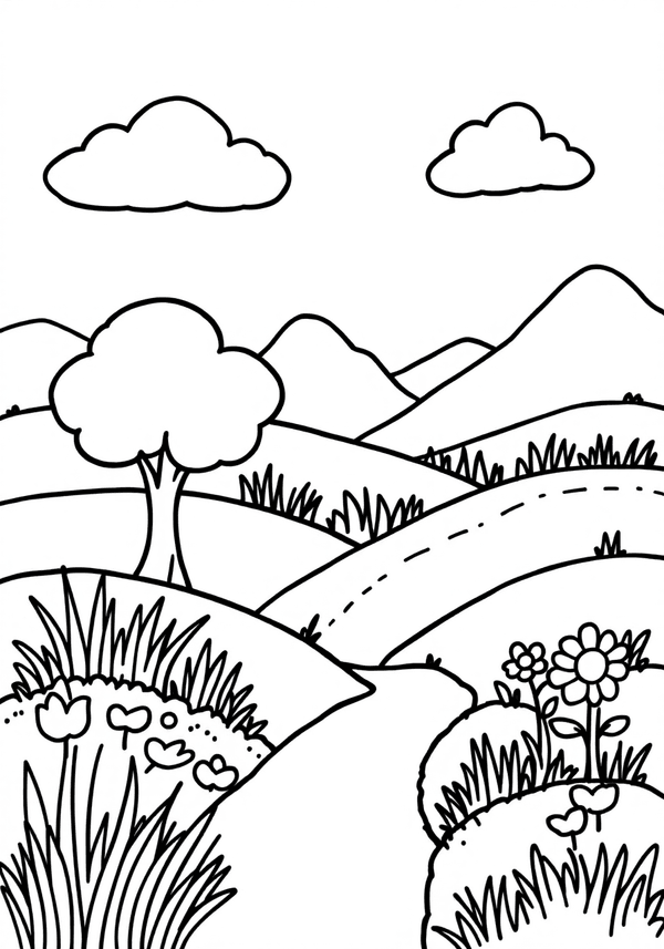 Peaceful countryside meadow coloring page