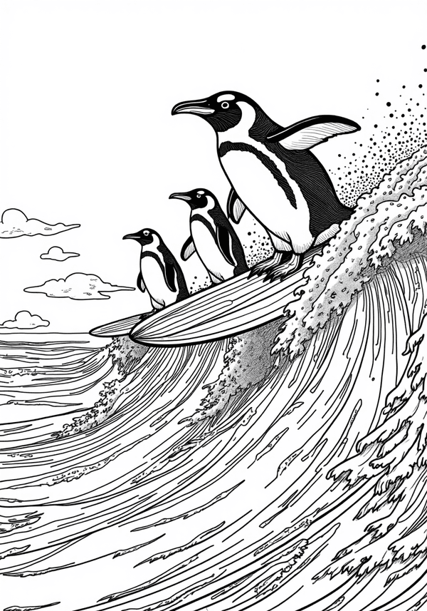 Penguins surfing on sand dunes coloring page