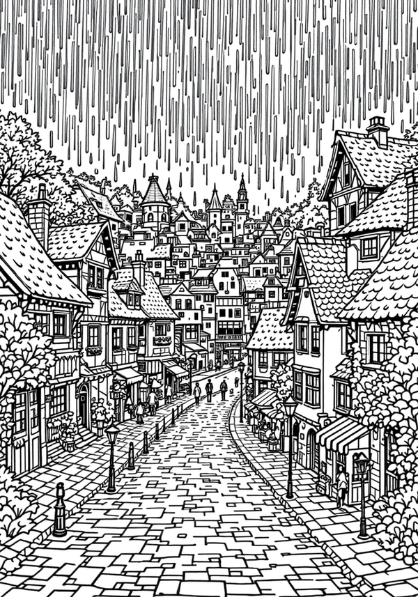 Rainy day in a busy village coloring page