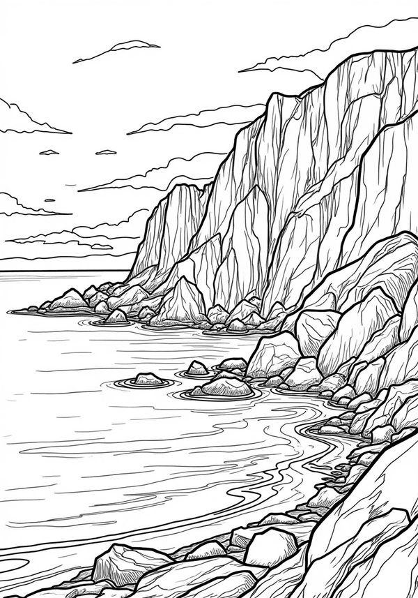 Rocky coastal cliffs at dawn coloring page
