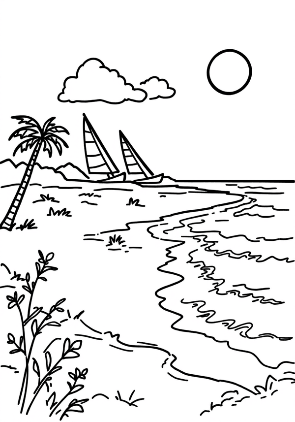 Serene beach with sailboats coloring page