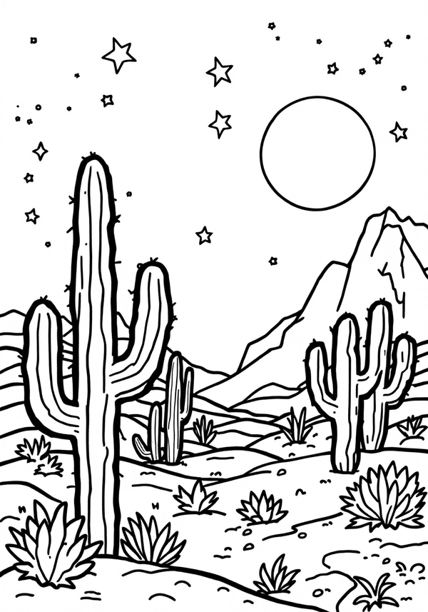 Starlit night in the desert coloring page