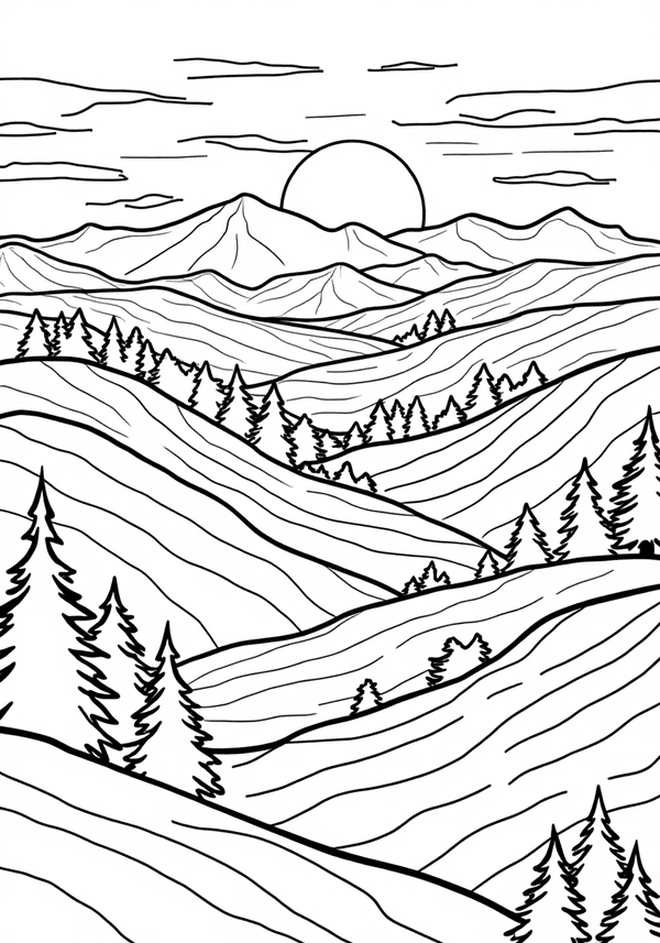 Sunset over rolling hills coloring page