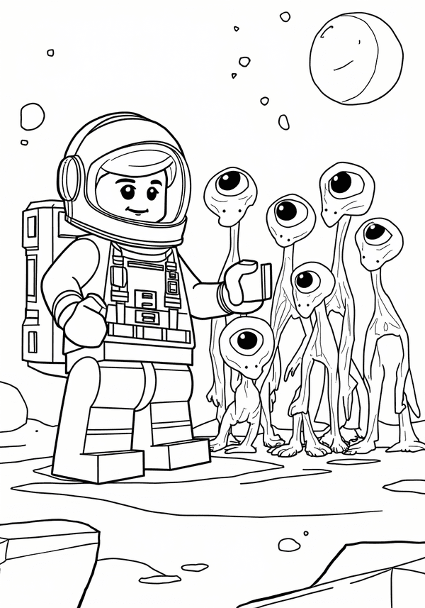 Lego astronaut taking selfies with aliens coloring page