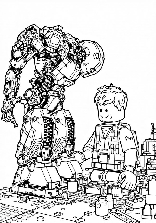 Lego builders assembling a robot coloring page