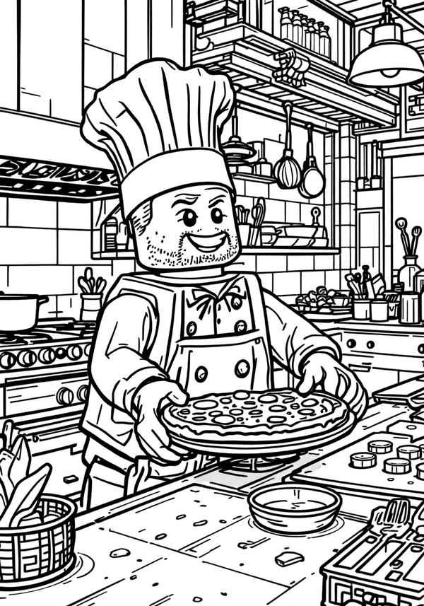 Lego chef cooking pizza in a restaurant coloring page