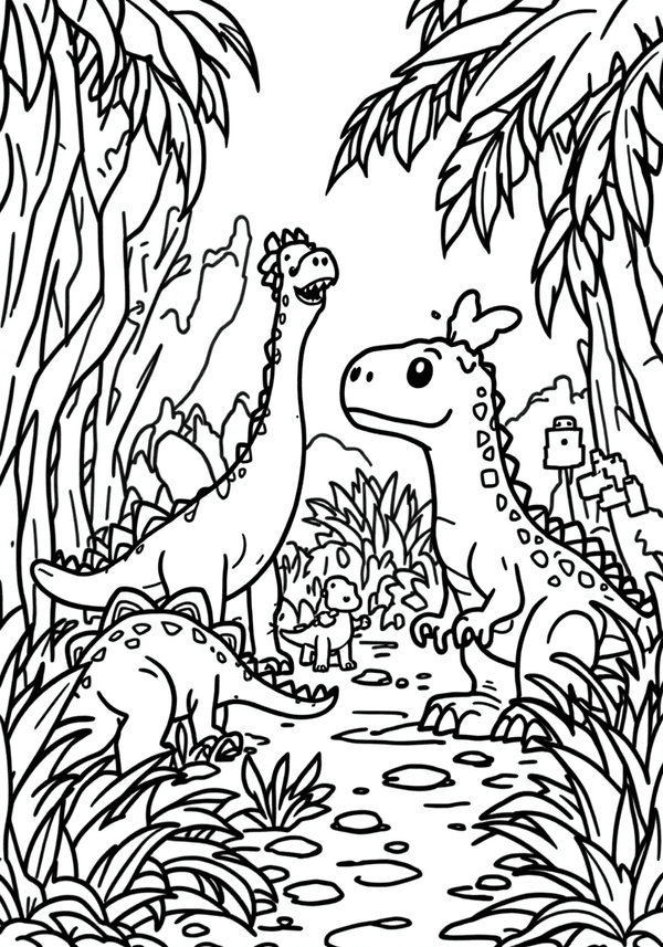 Lego dinosaurs roaming in the jungle coloring page