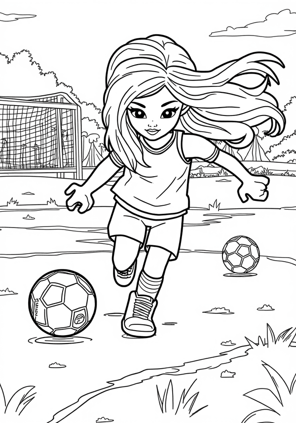 Lego Friends playing soccer in the park coloring page