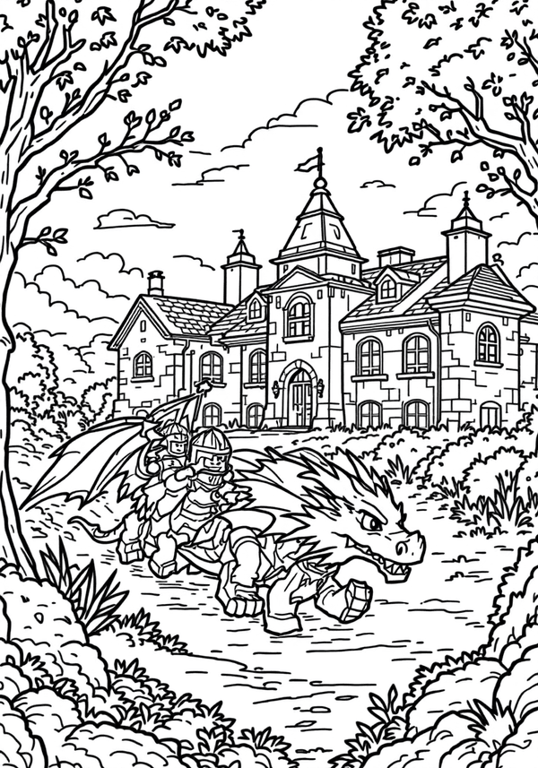 Lego knights riding dragons to school coloring page