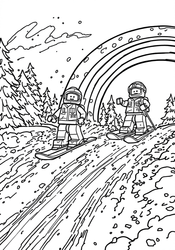 Lego minifigures skiing down a rainbow coloring page