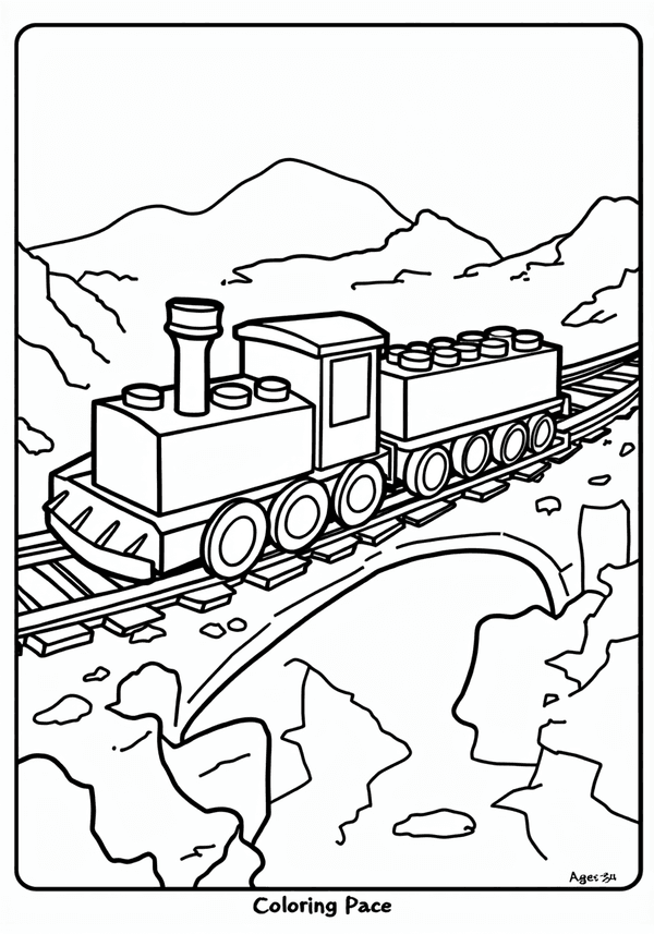 Lego train crossing a rocky bridge coloring page