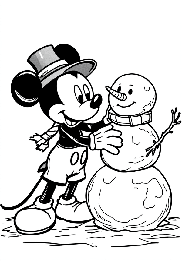 Mickey Mouse building a snowman coloring page