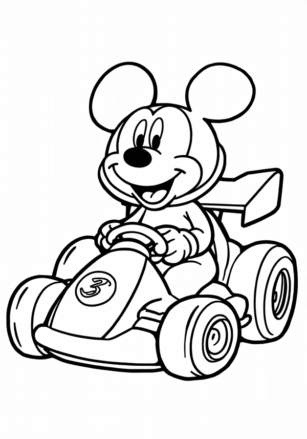 Mickey Mouse driving a race car coloring page