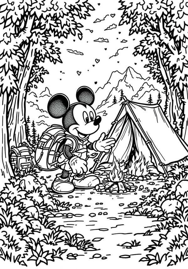 Mickey Mouse on a camping trip coloring page