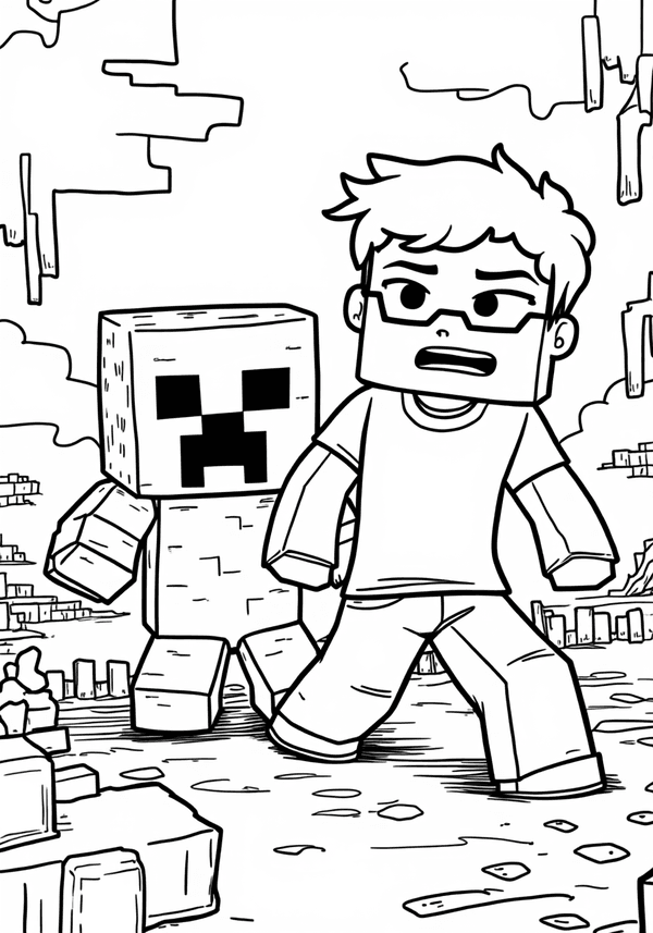 Creeper sneaking up behind Alex Minecraft coloring page