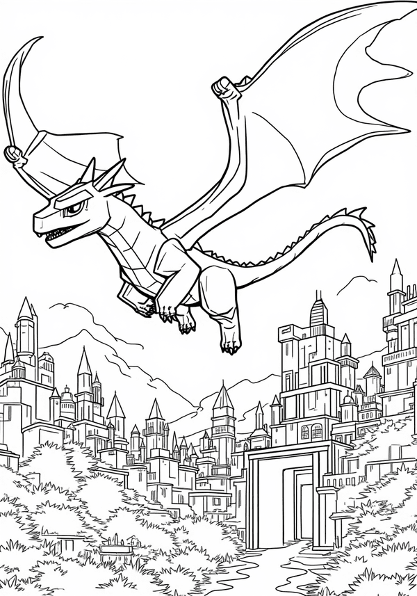 Ender Dragon flying over the End City coloring page