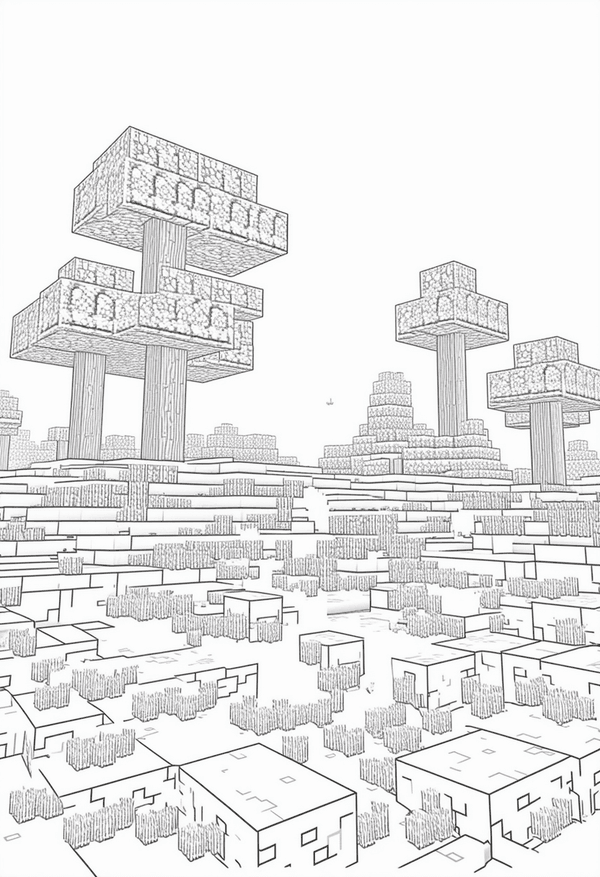 Minecraft Biome Exploration coloring page featuring forests, deserts, and snowy landscapes