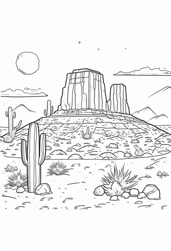 Minecraft desert wonders coloring page with temple, cacti, and mobs