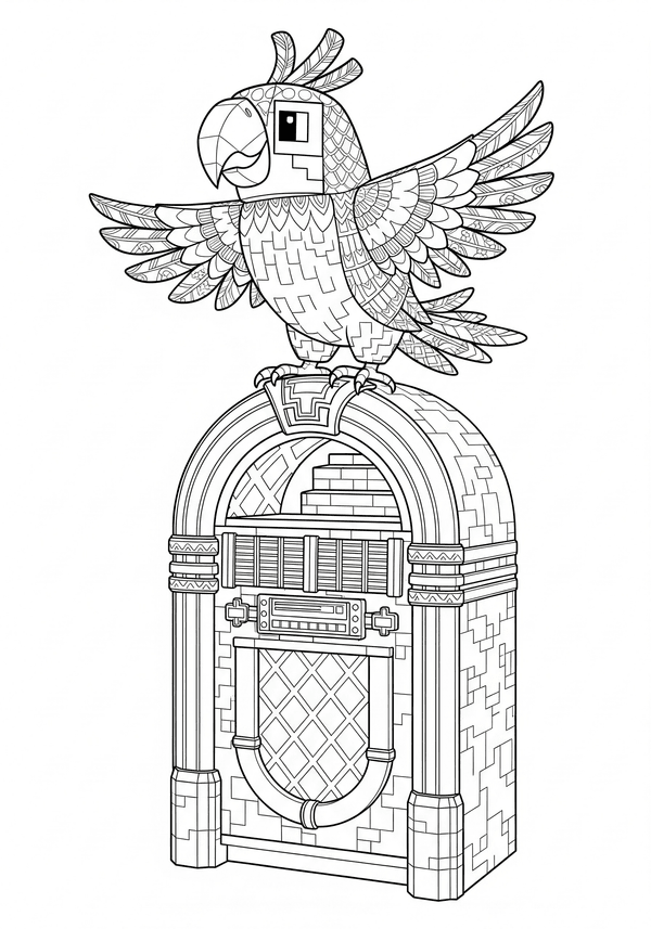 Minecraft parrot dancing on a jukebox coloring page