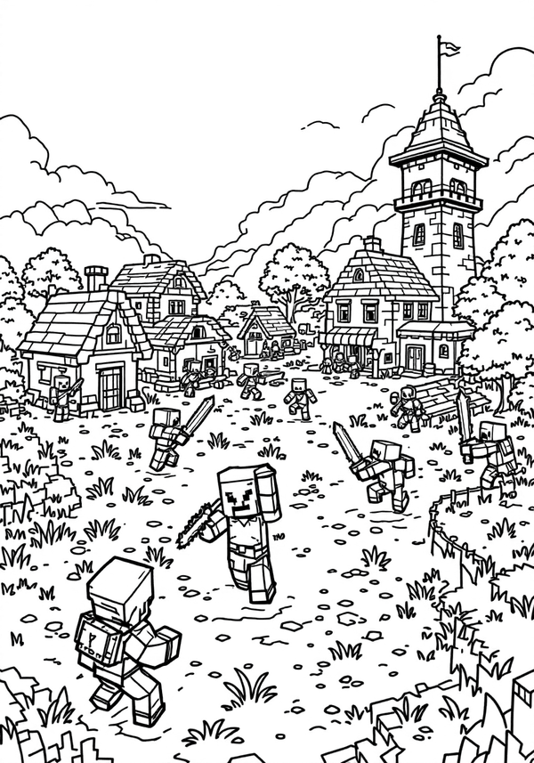 Pillagers attacking a village Minecraft coloring page