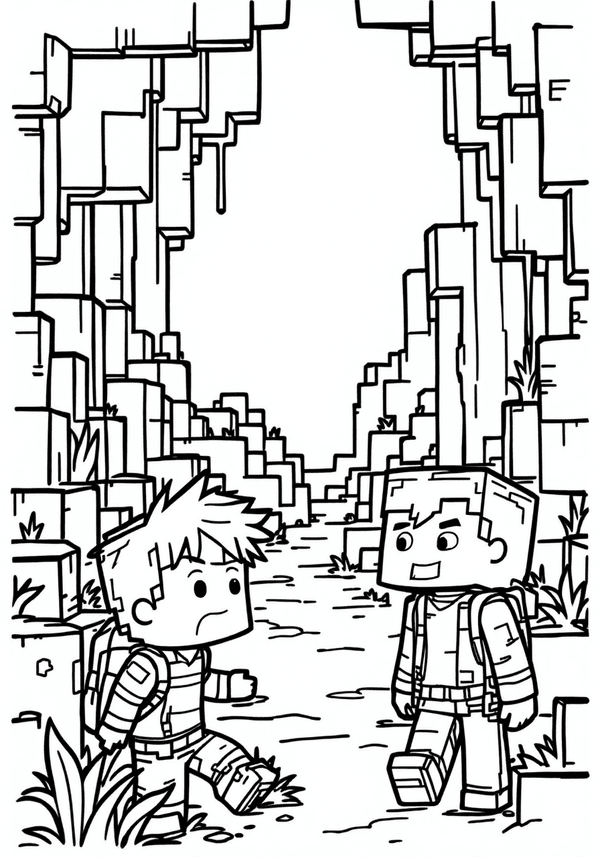 Steve and Alex exploring the Nether Minecraft coloring page