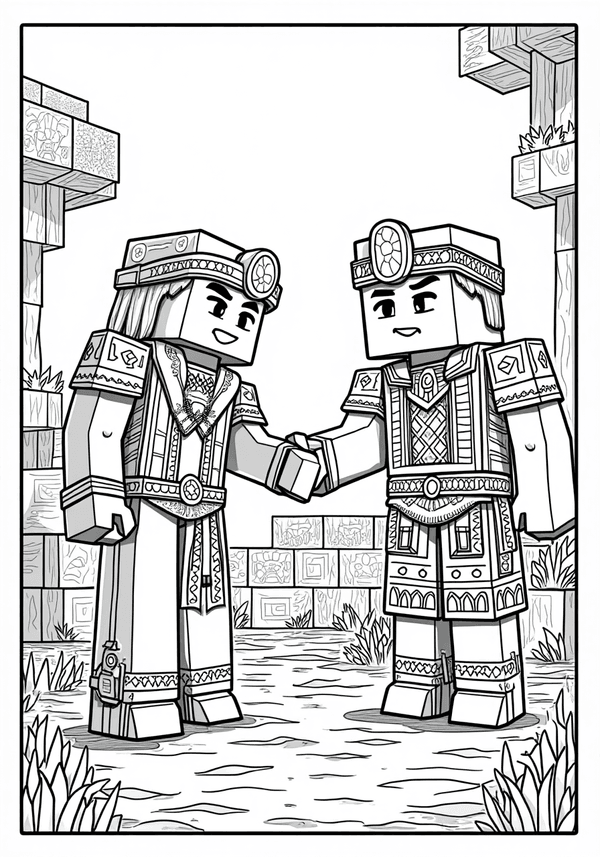 Villager trading with Steve coloring page