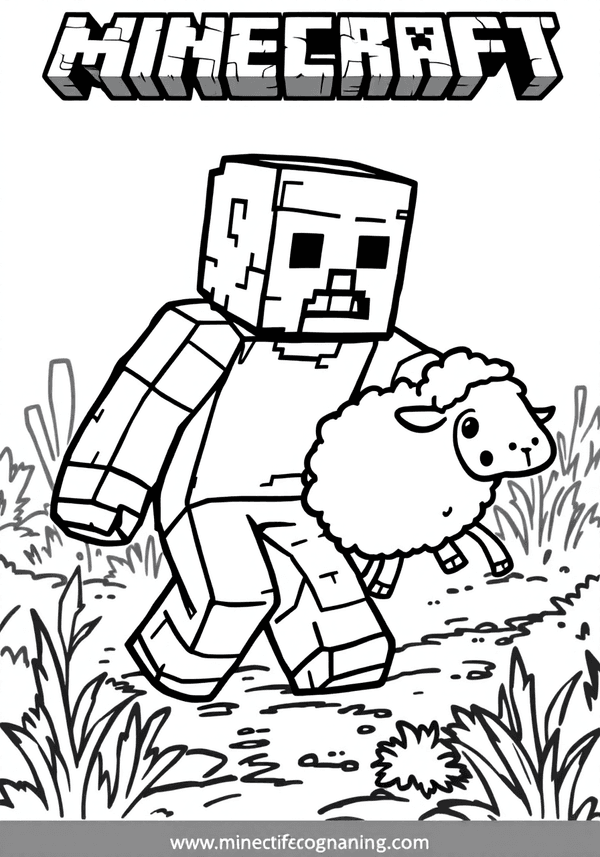 Minecraft zombie chasing a sheep coloring page