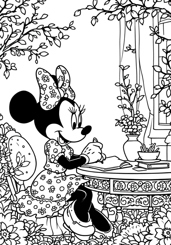 Minnie Mouse writing in her diary coloring page