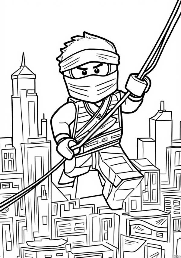Jay ziplining through Ninjago City coloring page
