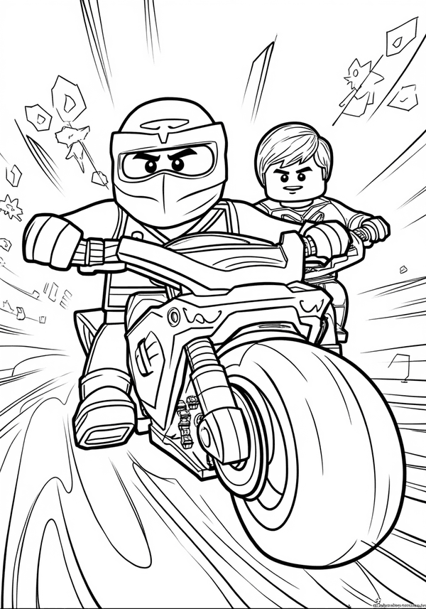 Kai and Zane racing on Ninjago cycles coloring page