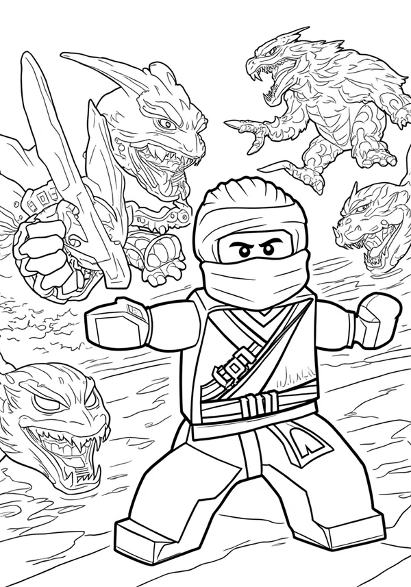 Lloyd battling Serpentine warriors coloring page