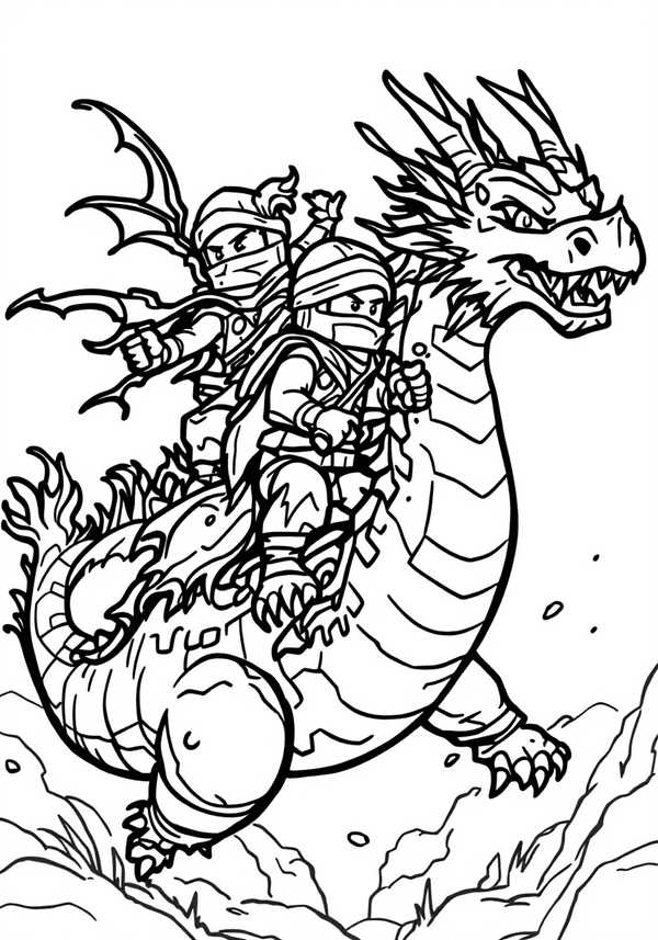 Ninja team riding on Ultra Dragon coloring page