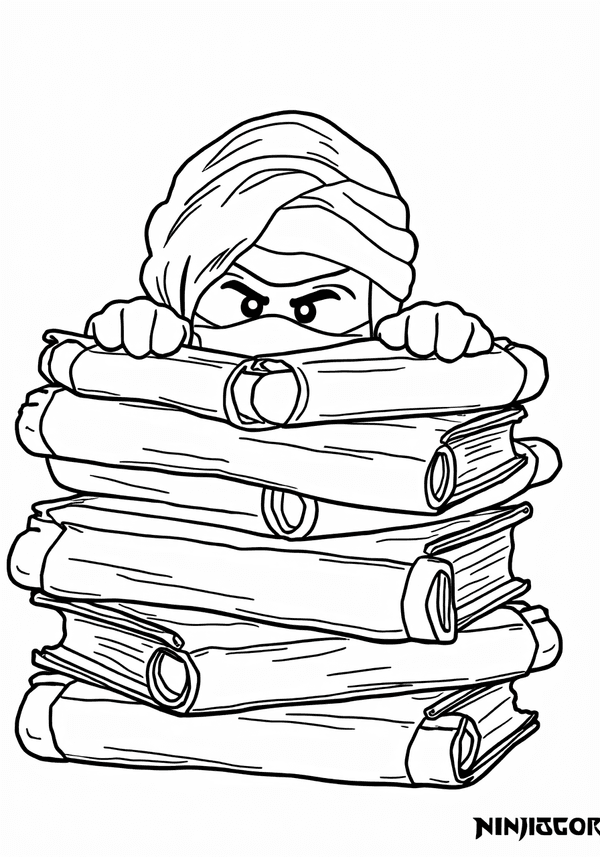 Pythor hiding behind a stack of scrolls coloring page