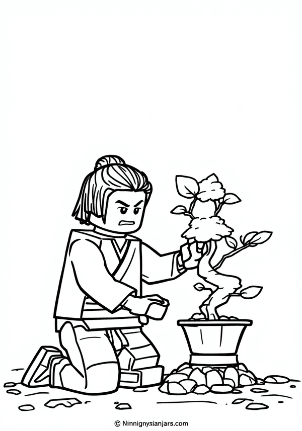 Sensei Wu planting a bonsai tree coloring page