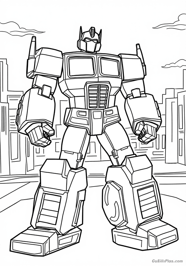Optimus Prime defending the city coloring page