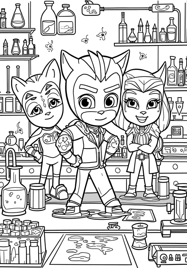 PJ Masks at the science lab coloring page