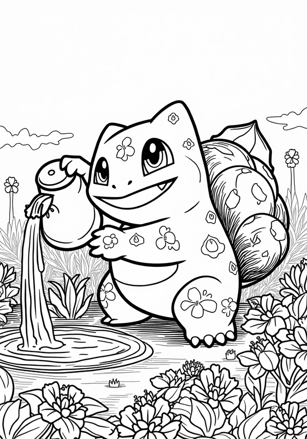 Bulbasaur watering a garden coloring page