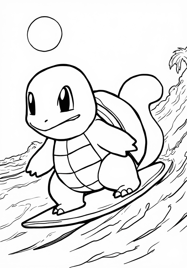 Squirtle surfing on the beach coloring page