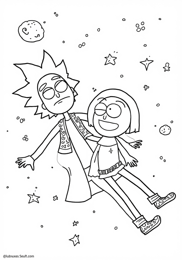 Beth and Jerry floating in space coloring page