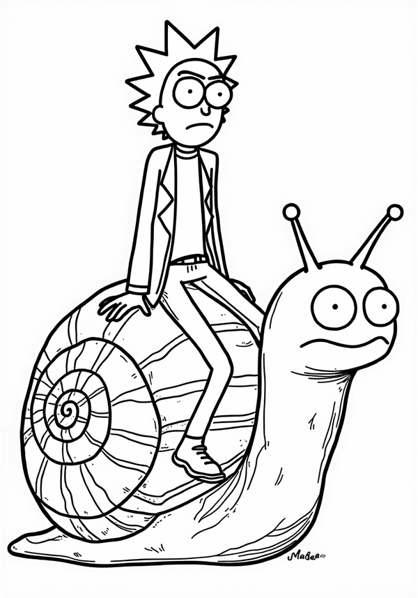Morty riding a giant snail coloring page
