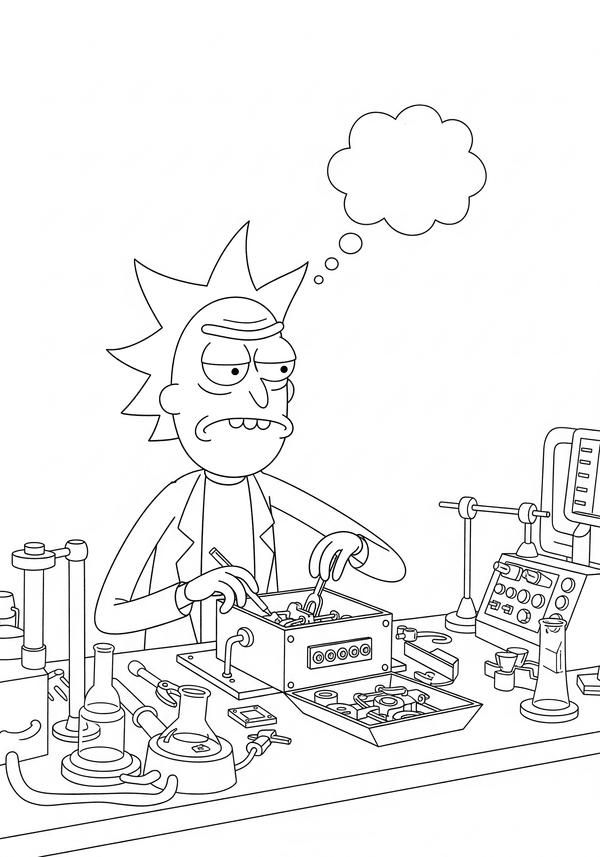 Rick creating a Meeseeks Box coloring page