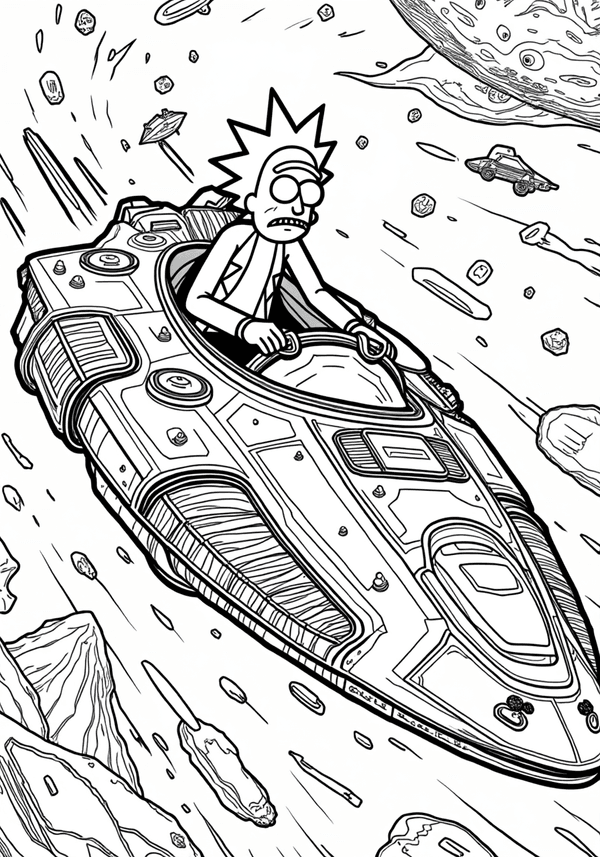 Rick flying the space cruiser coloring page