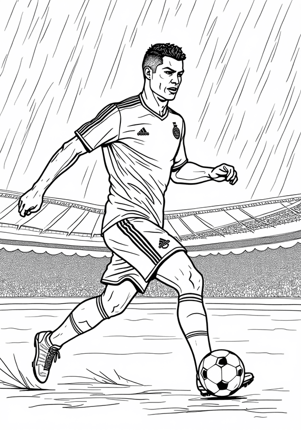 Ronaldo playing in the rainy stadium coloring page