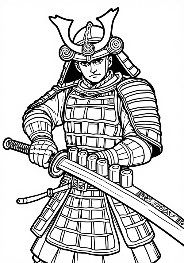 Samurai balancing sushi rolls on katana coloring page