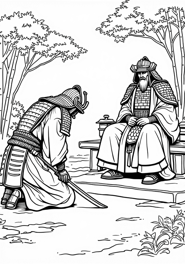 Samurai bowing to their shogun coloring page
