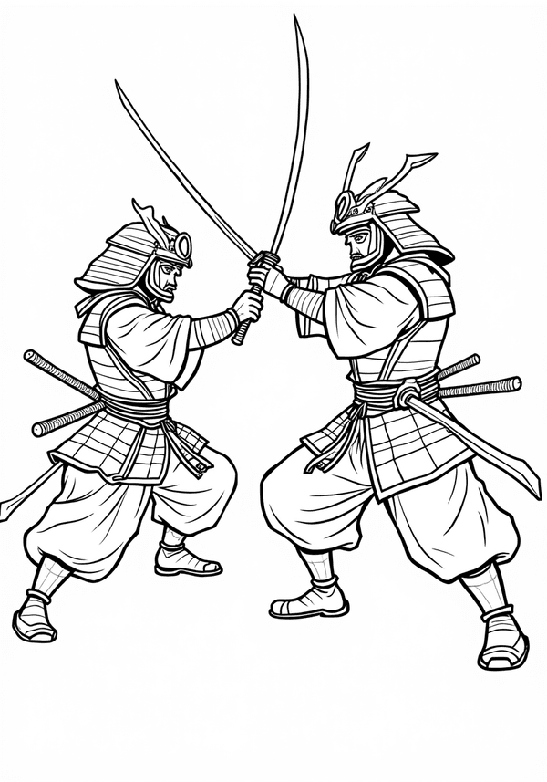 Samurai engaged in a friendly duel coloring page