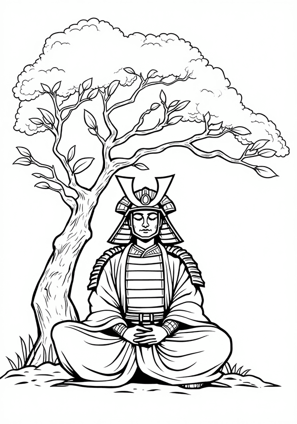 Samurai meditating beside a sakura tree coloring page