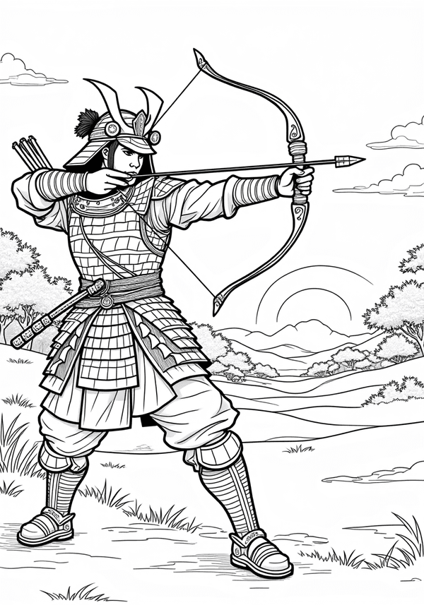 Samurai practicing archery at dawn coloring page